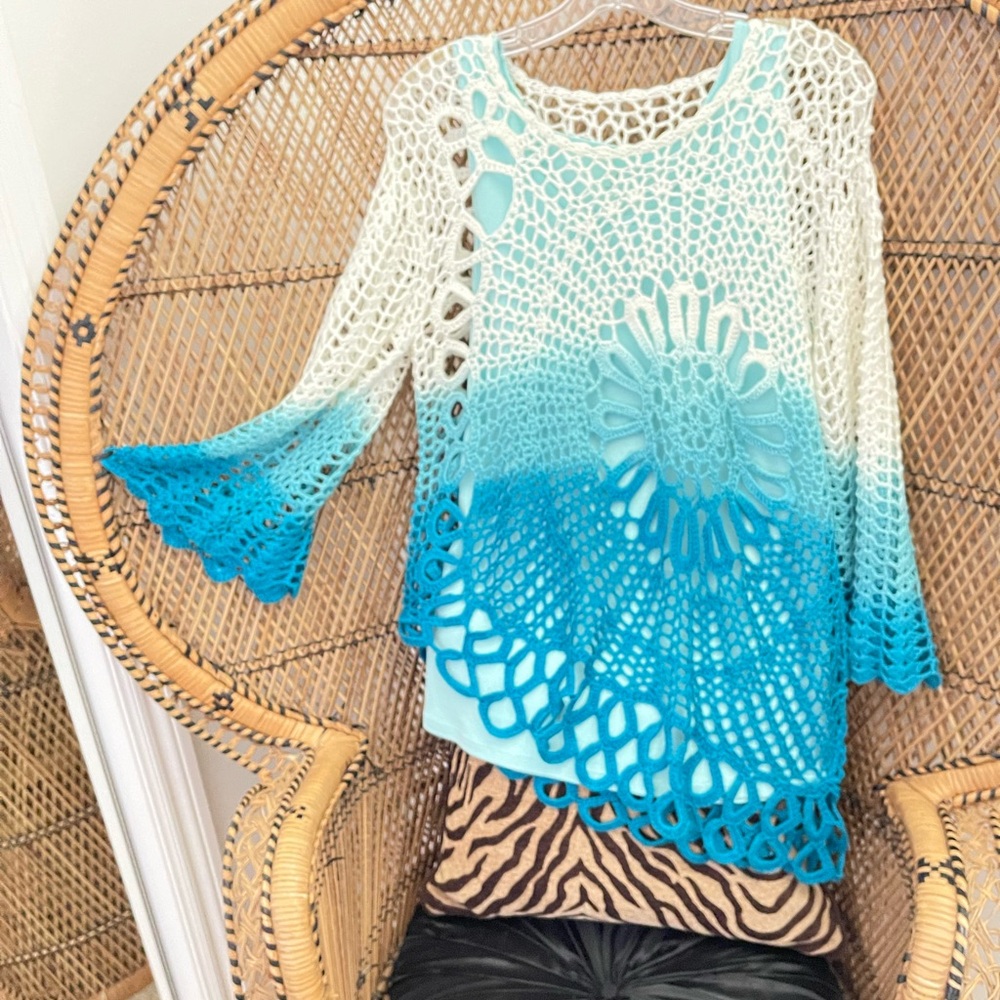 Roz & Ali Crochet Teal/white top+matching Dress Barn Tank-Size XL-so pretty!